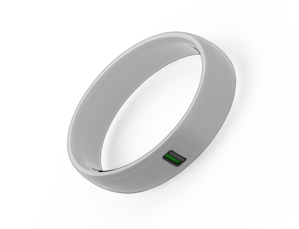 Concept render of the HealthBand at an angle showing the on/of switch at the outside